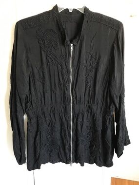 JOHNNY WAS Crawford Cupra Embroidered Zip Jacket Black Women’s Size XL